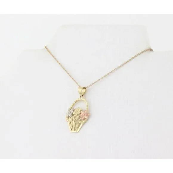 10k Yellow Gold White Gold Rose Gold Flower Basket Necklace 18" Chain - Picture 5 of 7